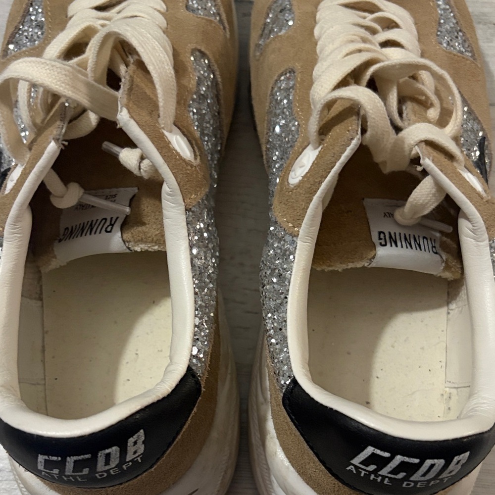 Golden Goose Tan and Silver Glitter Sneakers - Picture 6 of 16